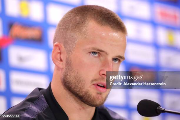 Eric Dier of England speaks to the media during an England press conference at Repino Cronwell Park Hotel on July 9, 2018 in Saint Petersburg, Russia.