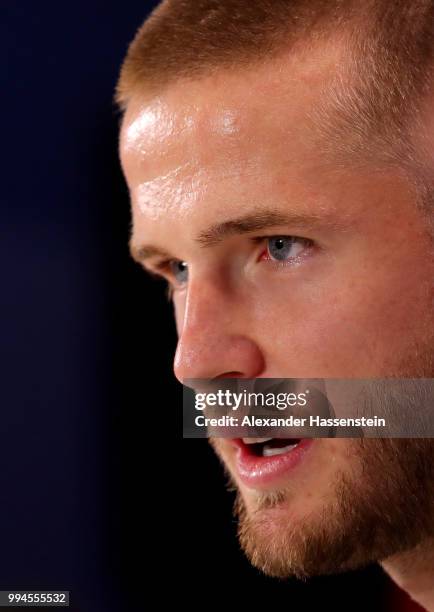 Eric Dier of England speaks to the media during an England press conference at Repino Cronwell Park Hotel on July 9, 2018 in Saint Petersburg, Russia.