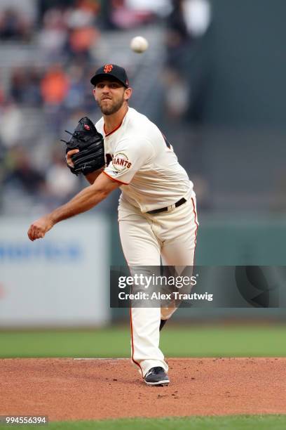 Madison Bumgarner of the San Francisco Giants pitches during a game against the Colorado Rockies at AT&T Park on Wednesday, June 27, 2018 in San...