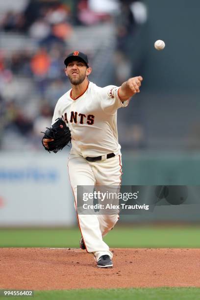 Madison Bumgarner of the San Francisco Giants pitches during a game against the Colorado Rockies at AT&T Park on Wednesday, June 27, 2018 in San...