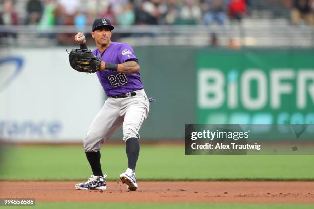 Ian Desmond of the Colorado Rockies throws to first base during a game against the San Francisco Giants at AT&T Park on Wednesday, June 27, 2018 in...