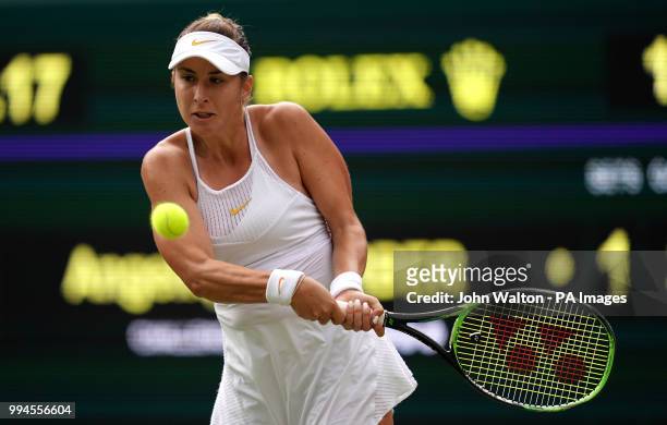 Belinda Bencic in action on day seven of the Wimbledon Championships at the All England Lawn Tennis and Croquet Club, Wimbledon.