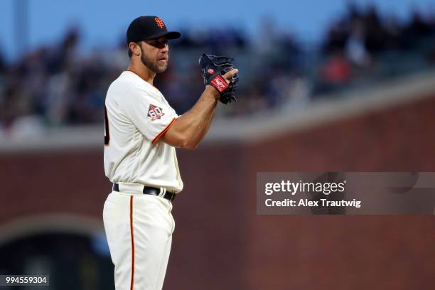 Madison Bumgarner of the San Francisco Giants pitches during a game against the Colorado Rockies at AT&T Park on Wednesday, June 27, 2018 in San...