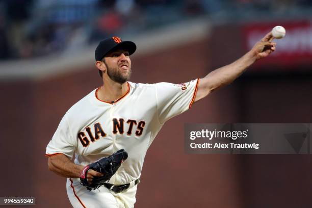 Madison Bumgarner of the San Francisco Giants pitches during a game against the Colorado Rockies at AT&T Park on Wednesday, June 27, 2018 in San...