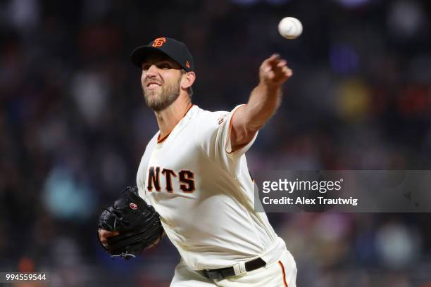 Madison Bumgarner of the San Francisco Giants pitches during a game against the Colorado Rockies at AT&T Park on Wednesday, June 27, 2018 in San...