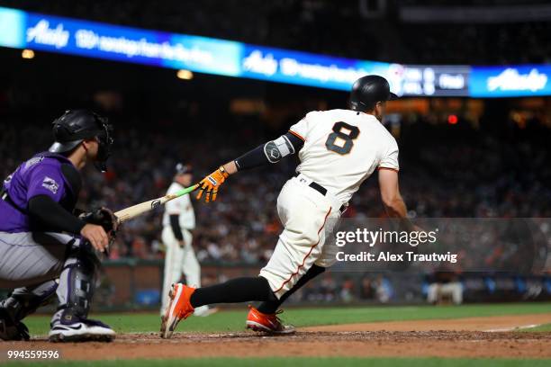 Hunter Pence of the San Francisco Giants bats during a game against the Colorado Rockies at AT&T Park on Wednesday, June 27, 2018 in San Francisco,...