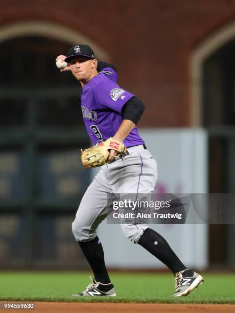 LeMahieu of the Colorado Rockies throws to first base during a game against the San Francisco Giants at AT&T Park on Wednesday, June 27, 2018 in San...