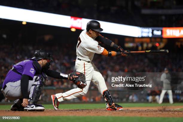 Gorkys Hernandez of the San Francisco Giants bats during a game against the Colorado Rockies at AT&T Park on Wednesday, June 27, 2018 in San...
