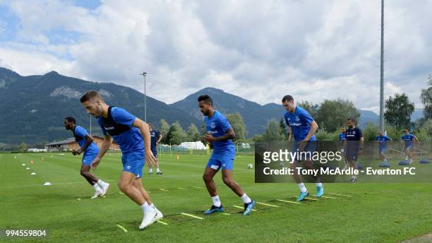 Nikola Vlasic Theo Walcott and Michael Keane of Everton in action during the Everton training session on July 9, 2018 in Bad Mitterndorf, Austria.