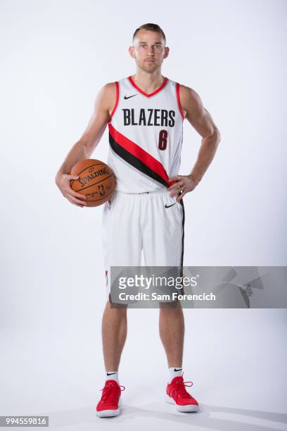 Nik Stauskas of the Portland Trail Blazers poses for a portrait after being signed on July 6, 2018 at the Trail Blazer Practice Facility in Portland,...