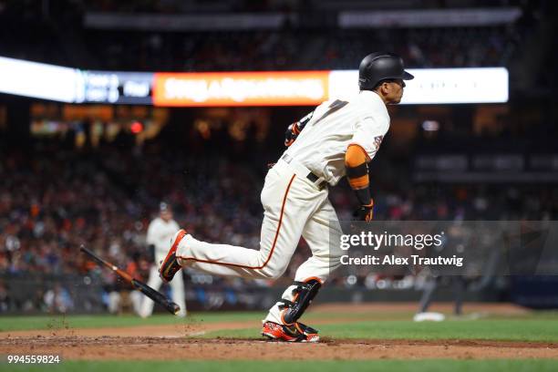 Gorkys Hernandez of the San Francisco Giants runs to first base during a game against the Colorado Rockies at AT&T Park on Wednesday, June 27, 2018...