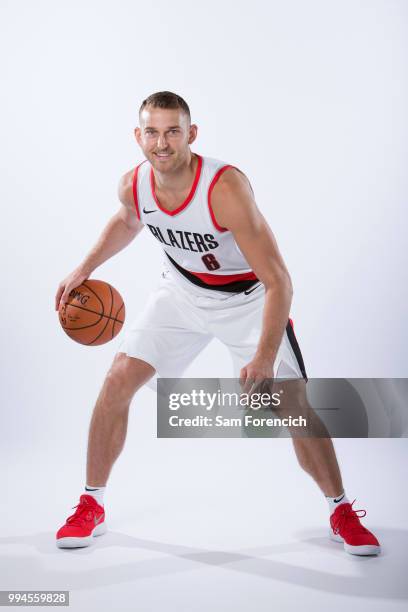 Nik Stauskas of the Portland Trail Blazers poses for a portrait after being signed on July 6, 2018 at the Trail Blazer Practice Facility in Portland,...