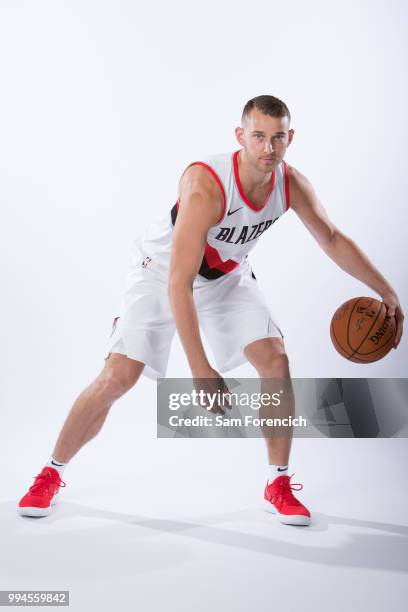 Nik Stauskas of the Portland Trail Blazers poses for a portrait after being signed on July 6, 2018 at the Trail Blazer Practice Facility in Portland,...