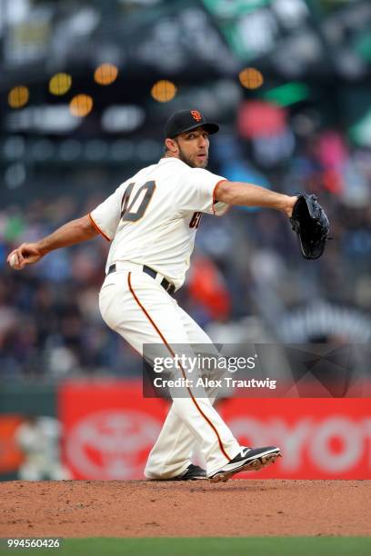 Madison Bumgarner of the San Francisco Giants pitches during a game against the Colorado Rockies at AT&T Park on Wednesday, June 27, 2018 in San...