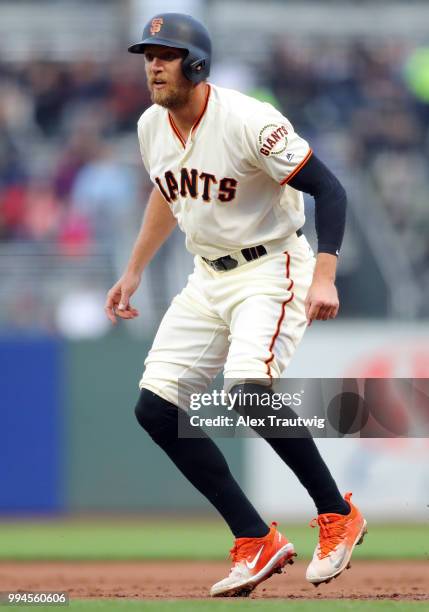 Hunter Pence of the San Francisco Giants takes a lead off first base during a game against the Colorado Rockies at AT&T Park on Wednesday, June 27,...