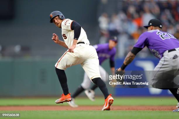 Hunter Pence of the San Francisco Giants runs to second base during a game against the Colorado Rockies at AT&T Park on Wednesday, June 27, 2018 in...