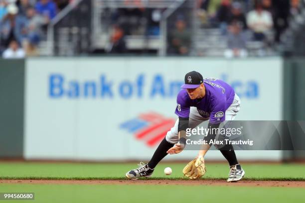LeMahieu of the Colorado Rockies fields a ground ball during a game against the San Francisco Giants at AT&T Park on Wednesday, June 27, 2018 in San...