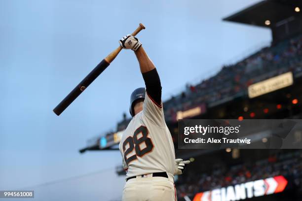 Buster Posey of the San Francisco Giants prepares to bat during a game against the Colorado Rockies at AT&T Park on Wednesday, June 27, 2018 in San...