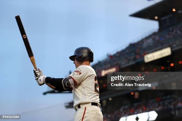 Buster Posey of the San Francisco Giants prepares to bat during a game against the Colorado Rockies at AT&T Park on Wednesday, June 27, 2018 in San...