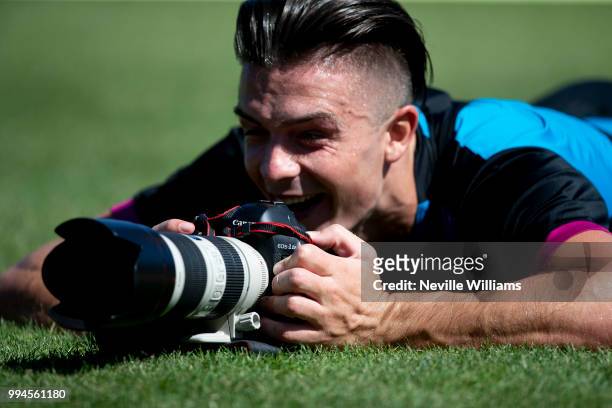 Jack Grealish of Aston Villa in action during an Aston Villa training session at the club's training camp on July 09, 2018 in Faro, Portugal.