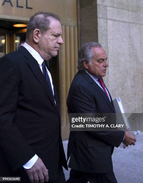 Harvey Weinstein and his lawyer Ben Brafman exit Manhattan Criminal Court on July 9, 2018 in New York, for arraignment on charges alleging he...