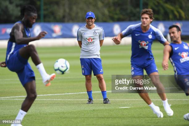 Antonio Conte of Chelsea during a training session at Chelsea Training Ground on July 9, 2018 in Cobham, England.
