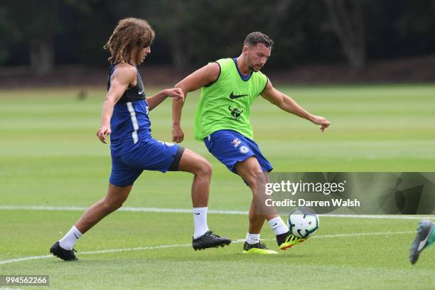 Ethan Ampadu and Danny Drinkwater of Chelsea during a training session at Chelsea Training Ground on July 9, 2018 in Cobham, England.