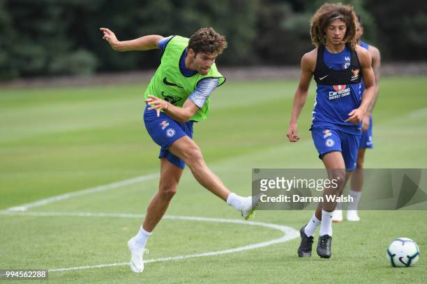 Ethan Ampadu and Marcos Alonso of Chelsea during a training session at Chelsea Training Ground on July 9, 2018 in Cobham, England.