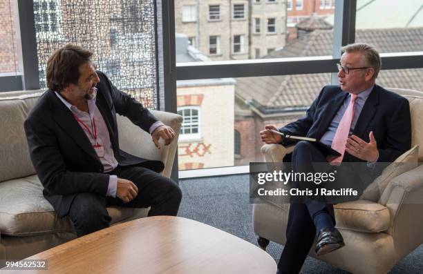 Oscar-winning actor Javier Bardem speaks with the Environment Secretary Michael Gove in his ministerial office to discuss protection of the Antarctic...