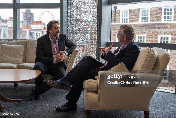 Oscar-winning actor Javier Bardem speaks with the Environment Secretary Michael Gove in his ministerial office to discuss protection of the Antarctic...