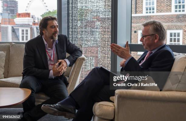Oscar-winning actor Javier Bardem speaks with the Environment Secretary Michael Gove in his ministerial office to discuss protection of the Antarctic...