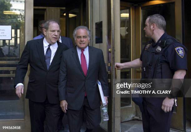 Harvey Weinstein and his lawyer Ben Brafman exit Manhattan Criminal Court on July 9, 2018 in New York, for arraignment on charges alleging he...