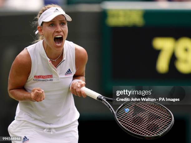 Angelique Kerber celebrates her win against Belinda Bencic on day seven of the Wimbledon Championships at the All England Lawn Tennis and Croquet...