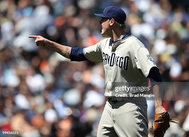 Mat Latos of the San Diego Padres celebrates after the game between the San Diego Padres and the San Francisco Giants on Thursday, May 13 at AT&T...