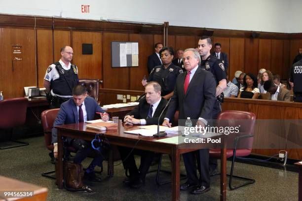 Harvey Weinstein appears at his arraignment in Manhattan Criminal Court on July 9, 2018 in New York City. Weinstein, previously arrested for sexual...