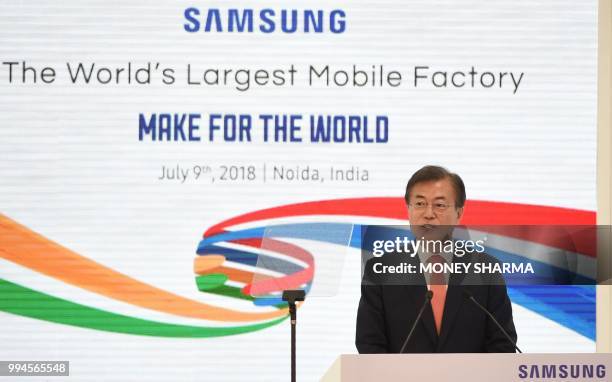 South Korea's President Moon Jae-in speaks during the inauguration of the world's largest smartphone factory -- an assembling plant that is an...