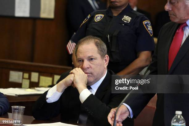 Harvey Weinstein appears at his arraignment in Manhattan Criminal Court on July 9, 2018 in New York City. Weinstein, previously arrested for sexual...