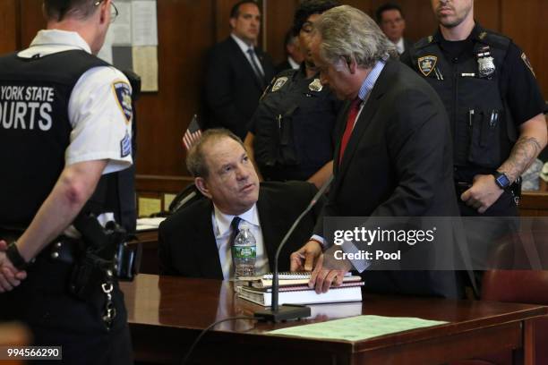 Harvey Weinstein appears at his arraignment in Manhattan Criminal Court on July 9, 2018 in New York City. Weinstein, previously arrested for sexual...