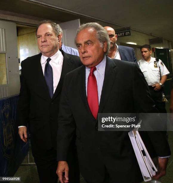 Harvey Weinstein leaves State Supreme Court with his defense attorney Ben Brafman on Monday after pleading not guilty at an arraignment on charges...