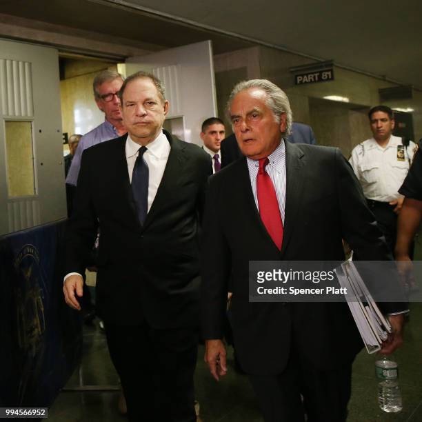 Harvey Weinstein leaves State Supreme Court with his defense attorney Ben Brafman on Monday after pleading not guilty at an arraignment on charges...