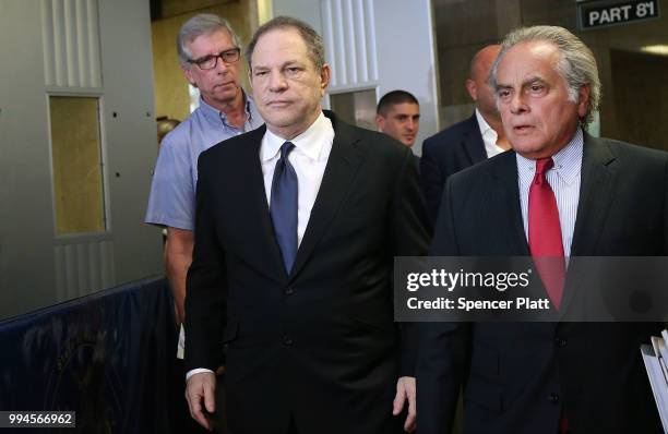 Harvey Weinstein leaves State Supreme Court with his defense attorney Ben Brafman on Monday after pleading not guilty at an arraignment on charges...