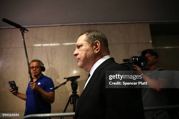 Harvey Weinstein leaves State Supreme Court on Monday after pleading not guilty at an arraignment on charges that he committed a sex crime against a...