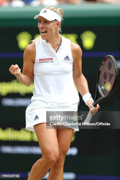 Women's Singles - Angelique Kerber v Belinda Bencic - Angelique Kerber celebrates at All England Lawn Tennis and Croquet Club on July 9, 2018 in...