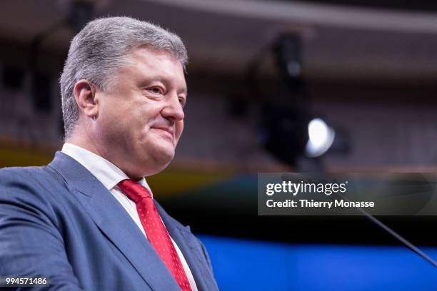 Ukrainian President Petro Oleksiyovych Poroshenko talks to the media at the end of the European Union/Ukraine Summit at the EU Council headquarters...