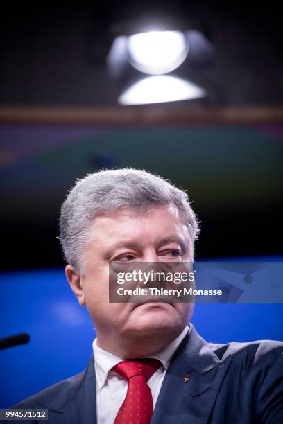 Ukrainian President Petro Oleksiyovych Poroshenko talks to the media at the end of the European Union/Ukraine Summit at the EU Council headquarters...