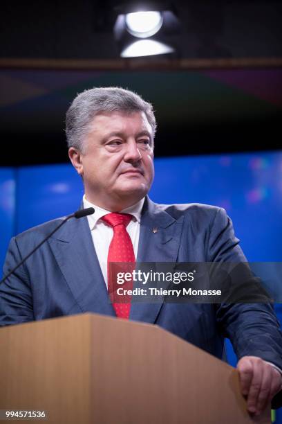 Ukrainian President Petro Oleksiyovych Poroshenko talks to the media at the end of the European Union/Ukraine Summit at the EU Council headquarters...