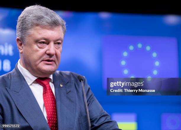 Ukrainian President Petro Oleksiyovych Poroshenko talks to the media at the end of the European Union/Ukraine Summit at the EU Council headquarters...