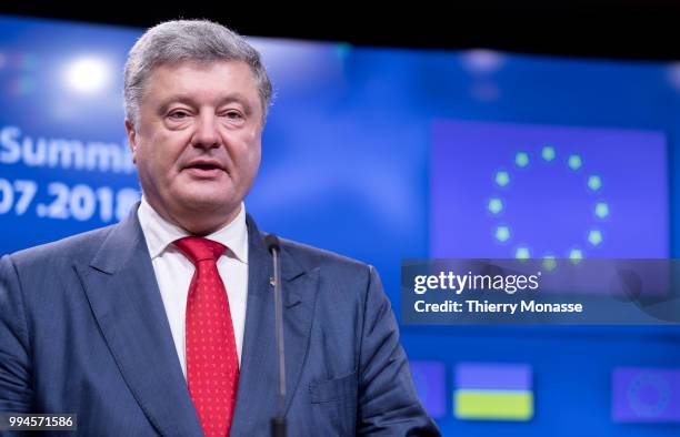 Ukrainian President Petro Oleksiyovych Poroshenko talks to the media at the end of the European Union/Ukraine Summit at the EU Council headquarters...