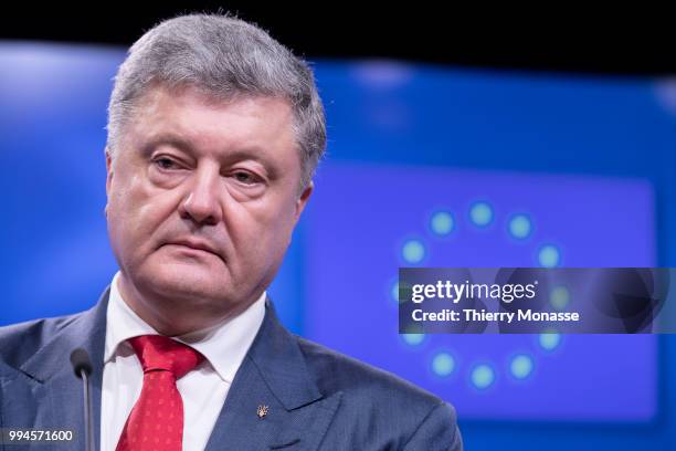 Ukrainian President Petro Oleksiyovych Poroshenko talks to the media at the end of the European Union/Ukraine Summit at the EU Council headquarters...