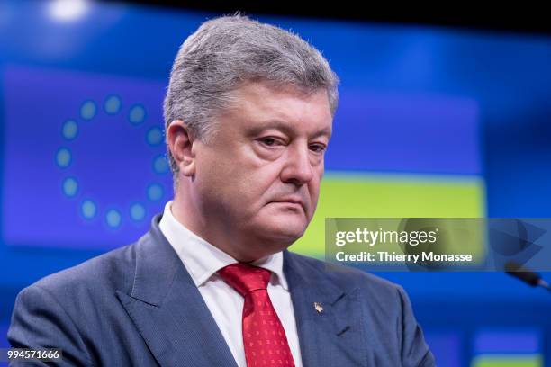 Ukrainian President Petro Oleksiyovych Poroshenko talks to the media at the end of the European Union/Ukraine Summit at the EU Council headquarters...